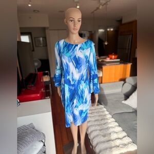 Calvin Klein Collection Abstract Blue Long Sleeve Dress